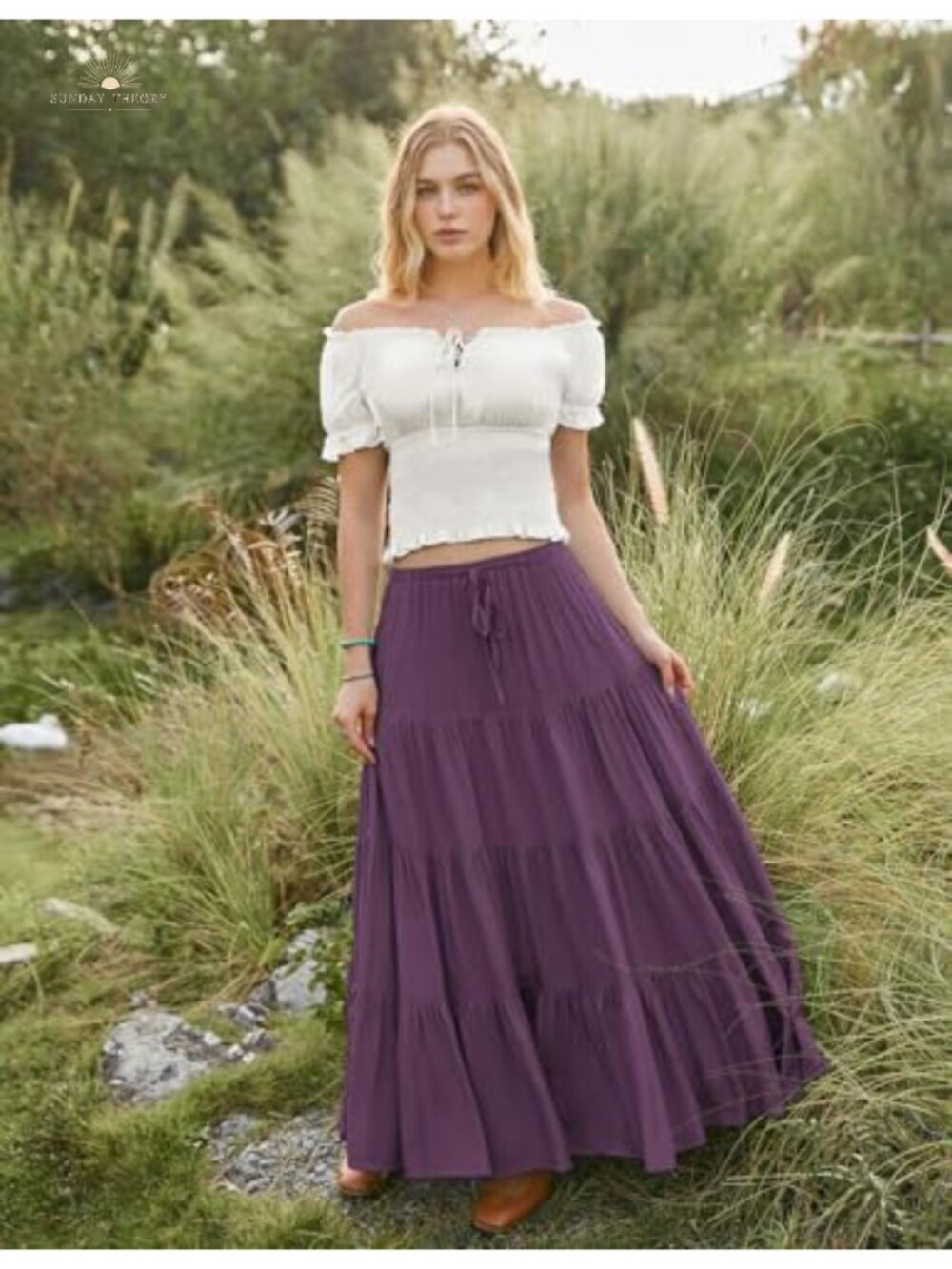 Tiered Renaissance Maxi Skirt Flowy Ankle Length Elastic Waist Side Pockets - Picture 6 of 6